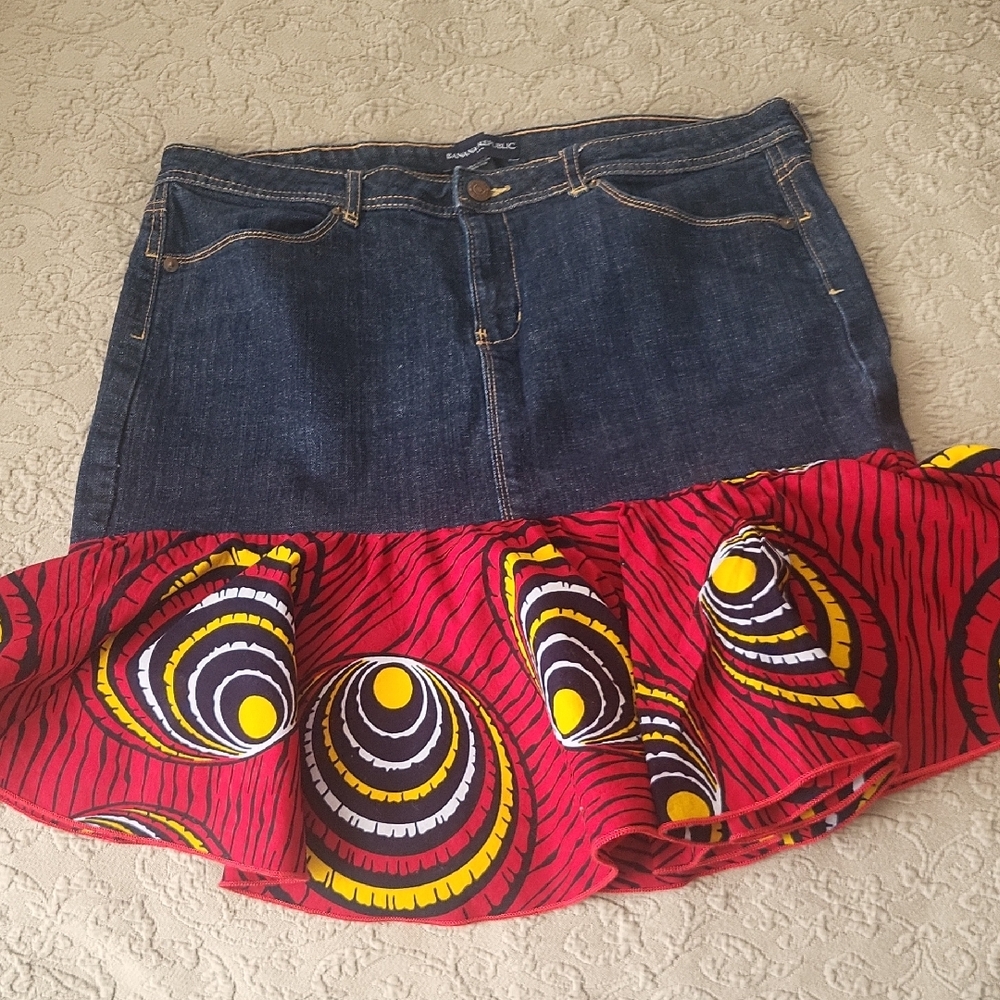 Denim Skirt with Red and Yellow Pattern